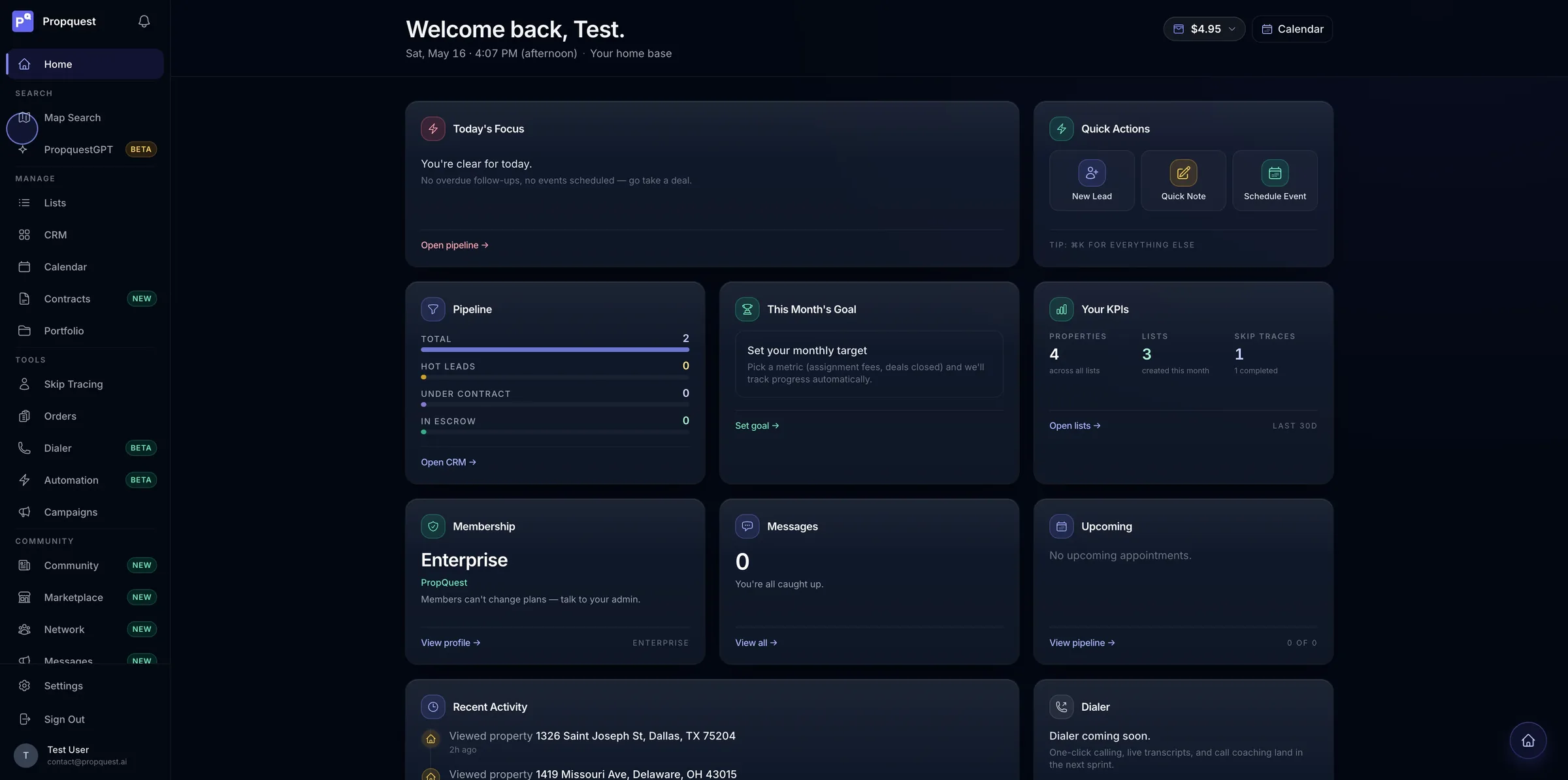 PropQuest home dashboard with pipeline, tasks and quick actions