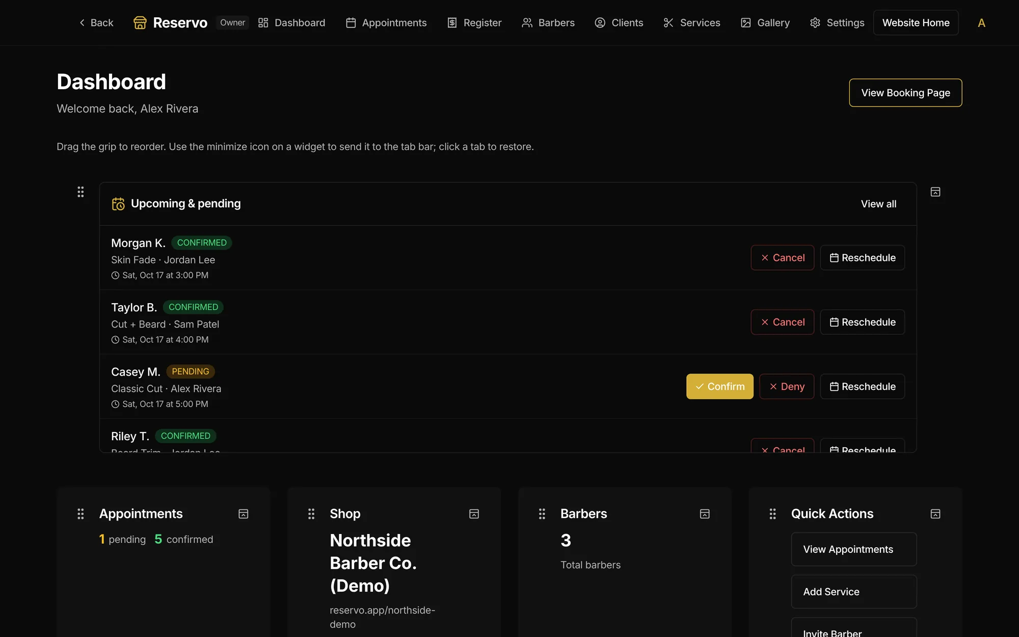 Reservo owner dashboard: upcoming and pending appointments with confirm, cancel and reschedule actions, plus shop, barber and quick-action widgets